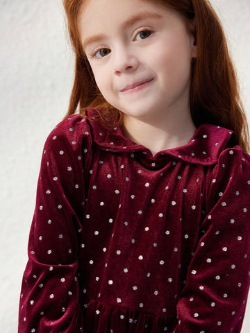 Blossori Young Girls Elegant Wine Red Polka Dot Loose Knit Dress With Small Collar, Autumn/Winter