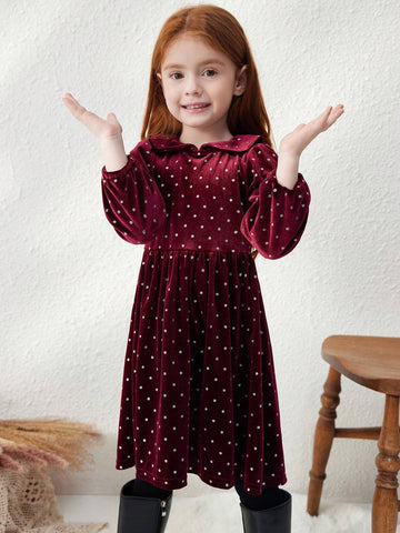Blossori Young Girls Elegant Wine Red Polka Dot Loose Knit Dress With Small Collar, Autumn/Winter