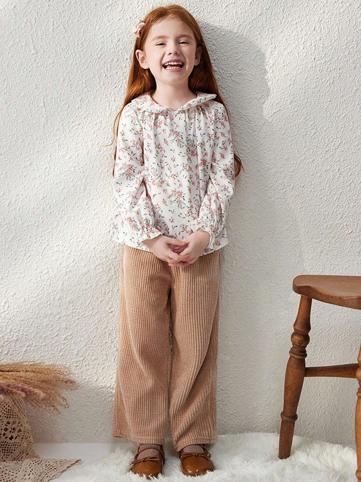 Blossori Young Girls' French Elegant Apricot Ditsy Floral Loose Collar Long Sleeve Shirt, Autumn/Winter