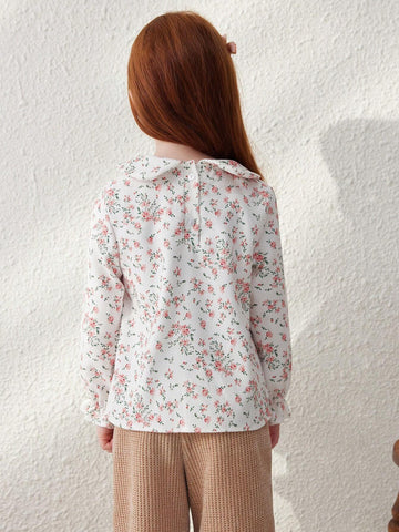 Blossori Young Girls' French Elegant Apricot Ditsy Floral Loose Collar Long Sleeve Shirt, Autumn/Winter