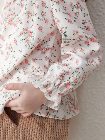 Blossori Young Girls' French Elegant Apricot Ditsy Floral Loose Collar Long Sleeve Shirt, Autumn/Winter