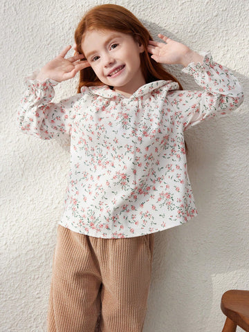 Blossori Young Girls' French Elegant Apricot Ditsy Floral Loose Collar Long Sleeve Shirt, Autumn/Winter