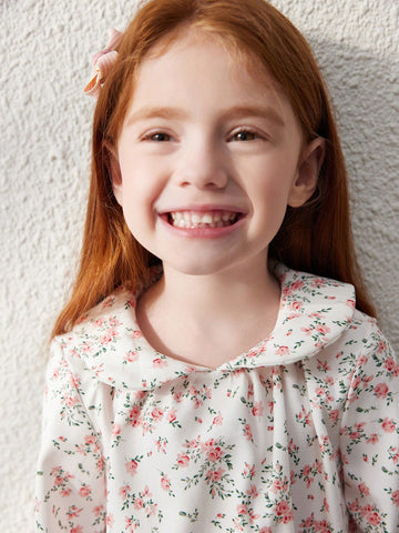 Blossori Young Girls' French Elegant Apricot Ditsy Floral Loose Collar Long Sleeve Shirt, Autumn/Winter