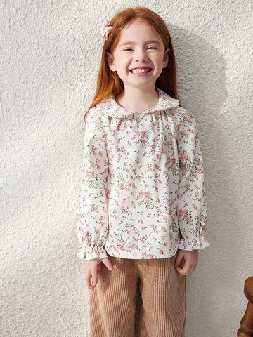 Blossori Young Girls' French Elegant Apricot Ditsy Floral Loose Collar Long Sleeve Shirt, Autumn/Winter