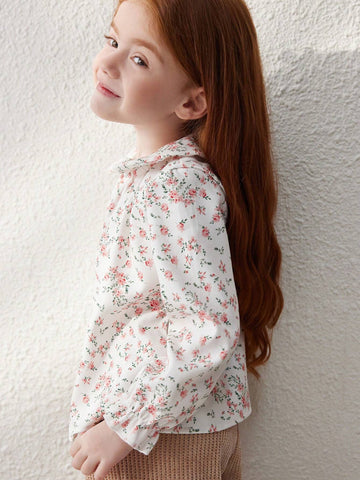 Blossori Young Girls' French Elegant Apricot Ditsy Floral Loose Collar Long Sleeve Shirt, Autumn/Winter