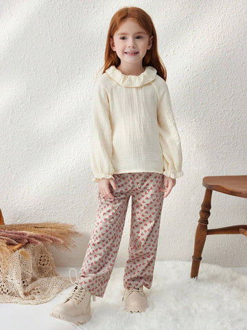 Blossori Young Girls' French Elegant Apricot Loose Ruffle Collar Blouse, Autumn/Winter