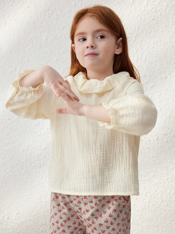 Blossori Young Girls' French Elegant Apricot Loose Ruffle Collar Blouse, Autumn/Winter