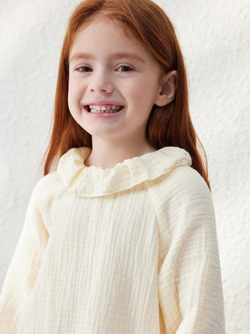 Blossori Young Girls' French Elegant Apricot Loose Ruffle Collar Blouse, Autumn/Winter