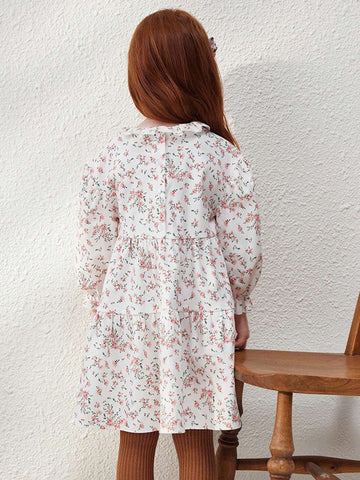 Blossori Young Girls' French Elegant Apricot Small Ditzy Print Woven Loose Dress, Autumn/Winter