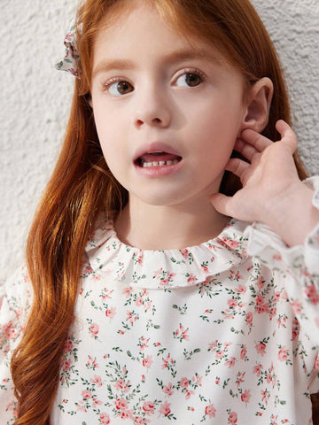 Blossori Young Girls' French Elegant Apricot Small Ditzy Print Woven Loose Dress, Autumn/Winter