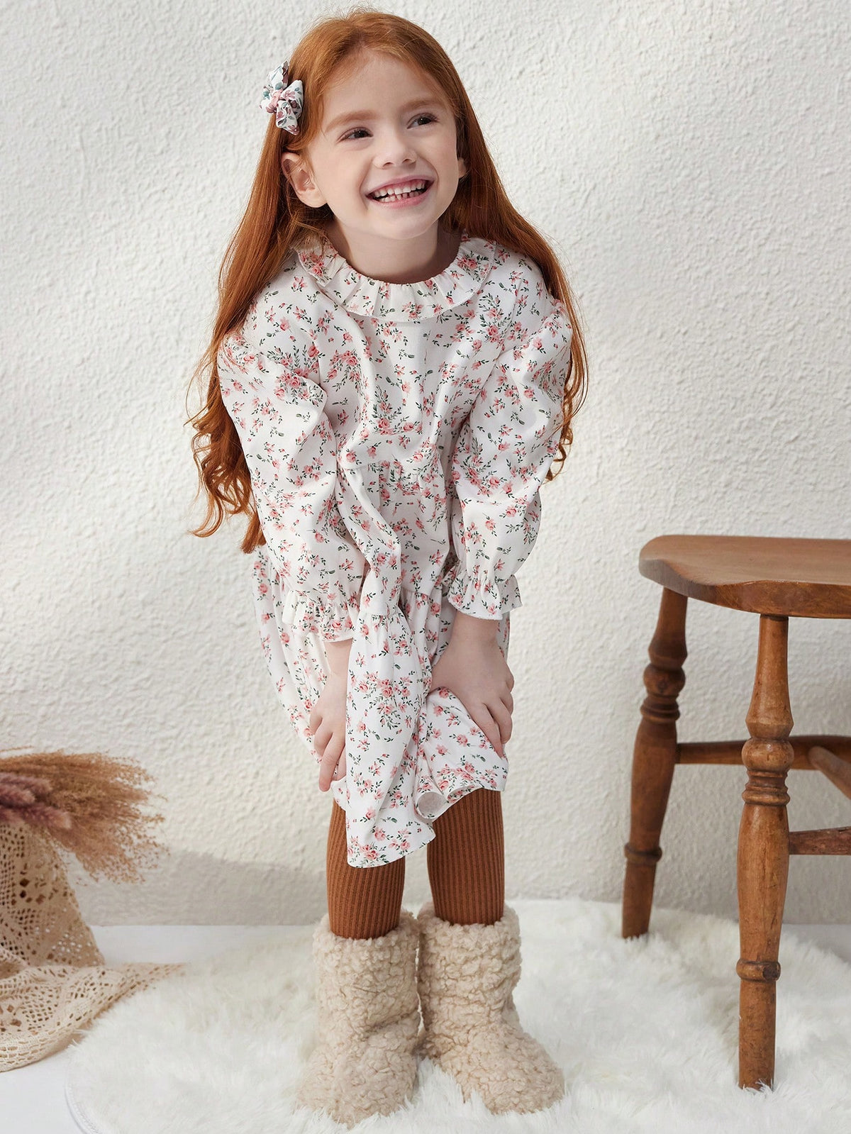 Blossori Young Girls' French Elegant Apricot Small Ditzy Print Woven Loose Dress, Autumn/Winter