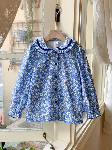 Young Girls French Elegant Blue Ditsy Floral Loose Turndown Collar Long Sleeve Blouse, Autumn/Winter