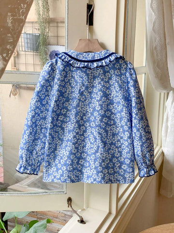 Young Girls French Elegant Blue Ditsy Floral Loose Turndown Collar Long Sleeve Blouse, Autumn/Winter