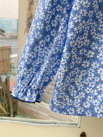 Young Girls French Elegant Blue Ditsy Floral Loose Turndown Collar Long Sleeve Blouse, Autumn/Winter