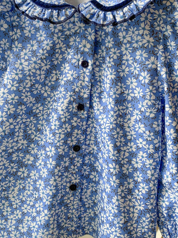 Young Girls French Elegant Blue Ditsy Floral Loose Turndown Collar Long Sleeve Blouse, Autumn/Winter