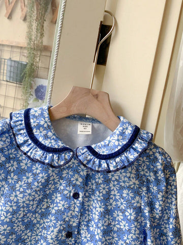 Young Girls French Elegant Blue Ditsy Floral Loose Turndown Collar Long Sleeve Blouse, Autumn/Winter