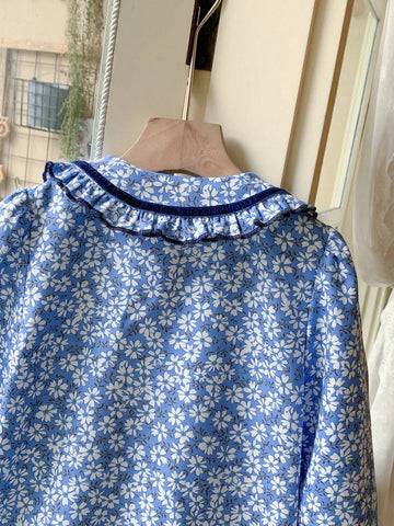 Young Girls French Elegant Blue Ditsy Floral Loose Turndown Collar Long Sleeve Blouse, Autumn/Winter