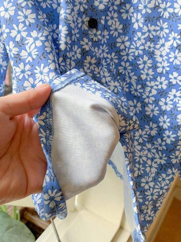 Young Girls French Elegant Blue Ditsy Floral Loose Turndown Collar Long Sleeve Blouse, Autumn/Winter