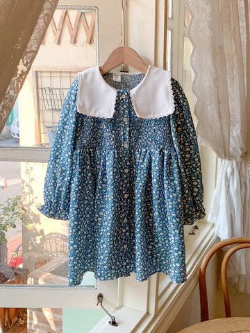 Blossori Young Girls' French Elegant Blue Floral Color Block Collar Loose Woven Dress, Spring/Summer