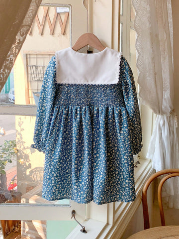 Blossori Young Girls' French Elegant Blue Floral Color Block Collar Loose Woven Dress, Spring/Summer