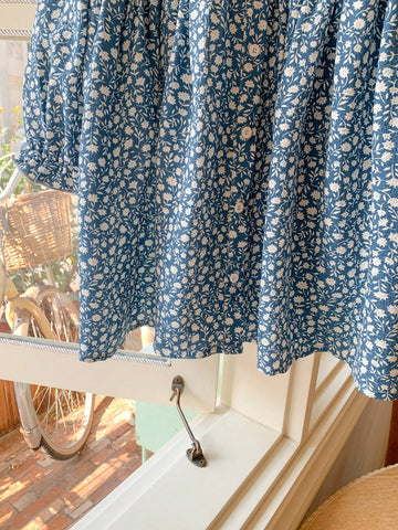 Blossori Young Girls' French Elegant Blue Floral Color Block Collar Loose Woven Dress, Spring/Summer