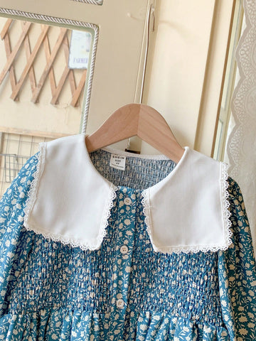 Blossori Young Girls' French Elegant Blue Floral Color Block Collar Loose Woven Dress, Spring/Summer