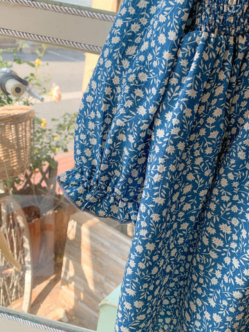 Blossori Young Girls' French Elegant Blue Floral Color Block Collar Loose Woven Dress, Spring/Summer