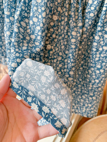 Blossori Young Girls' French Elegant Blue Floral Color Block Collar Loose Woven Dress, Spring/Summer