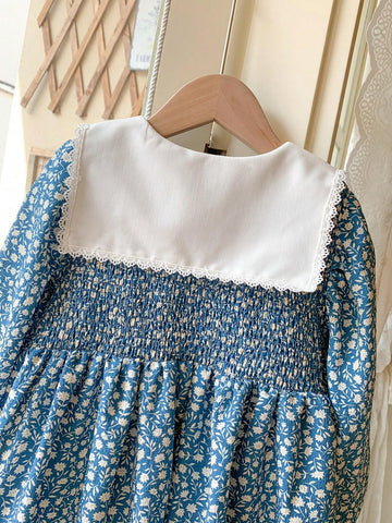 Blossori Young Girls' French Elegant Blue Floral Color Block Collar Loose Woven Dress, Spring/Summer