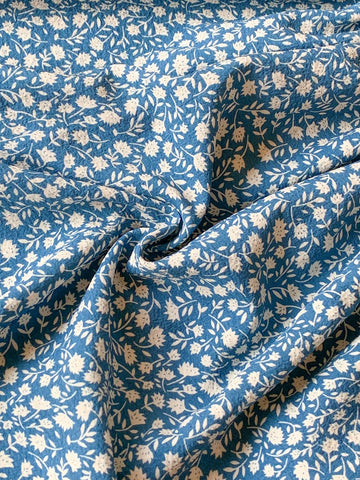 Blossori Young Girls' French Elegant Blue Floral Color Block Collar Loose Woven Dress, Spring/Summer