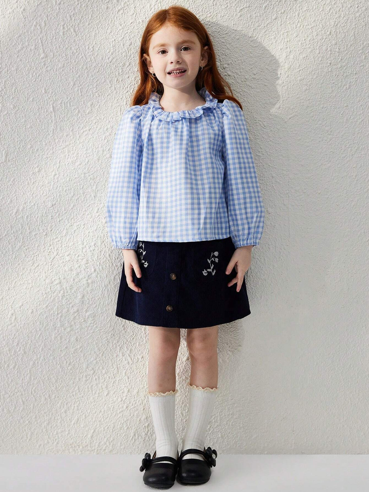 Blossori Young Girls' French Elegant Blue Plaid Woven Loose Ruffle Collar Long Sleeve Blouse, Autumn/Winter
