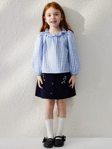 Blossori Young Girls' French Elegant Blue Plaid Woven Loose Ruffle Collar Long Sleeve Blouse, Autumn/Winter