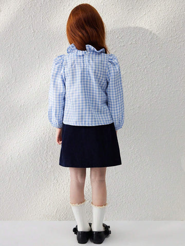 Blossori Young Girls' French Elegant Blue Plaid Woven Loose Ruffle Collar Long Sleeve Blouse, Autumn/Winter