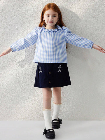 Blossori Young Girls' French Elegant Blue Plaid Woven Loose Ruffle Collar Long Sleeve Blouse, Autumn/Winter