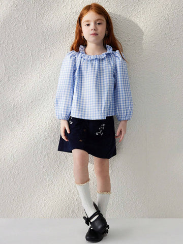 Blossori Young Girls' French Elegant Blue Plaid Woven Loose Ruffle Collar Long Sleeve Blouse, Autumn/Winter