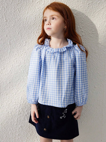 Blossori Young Girls' French Elegant Blue Plaid Woven Loose Ruffle Collar Long Sleeve Blouse, Autumn/Winter