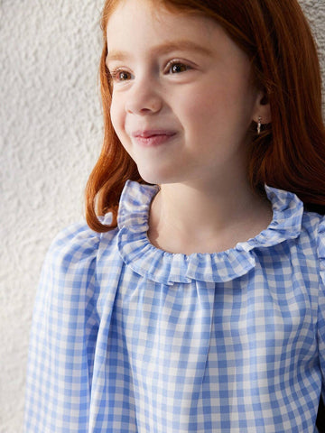 Blossori Young Girls' French Elegant Blue Plaid Woven Loose Ruffle Collar Long Sleeve Blouse, Autumn/Winter