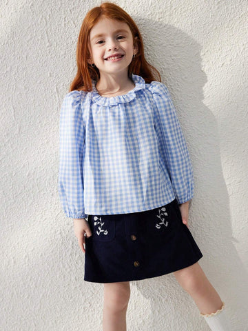 Blossori Young Girls' French Elegant Blue Plaid Woven Loose Ruffle Collar Long Sleeve Blouse, Autumn/Winter