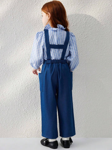 Young Girls' French Elegant Blue Woven Loose Suspender Pants, Autumn/Winter