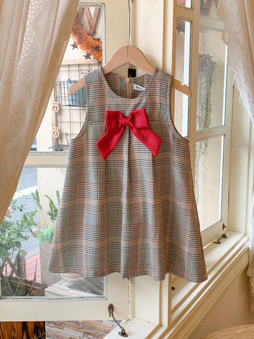Blossori Young Girls French Elegant Brown Plaid Bow Decor Woven Loose Dress, For Autumn/Winter