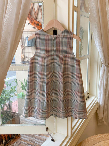 Blossori Young Girls French Elegant Brown Plaid Bow Decor Woven Loose Dress, For Autumn/Winter