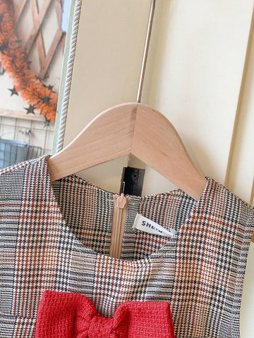 Blossori Young Girls French Elegant Brown Plaid Bow Decor Woven Loose Dress, For Autumn/Winter