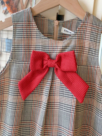 Blossori Young Girls French Elegant Brown Plaid Bow Decor Woven Loose Dress, For Autumn/Winter