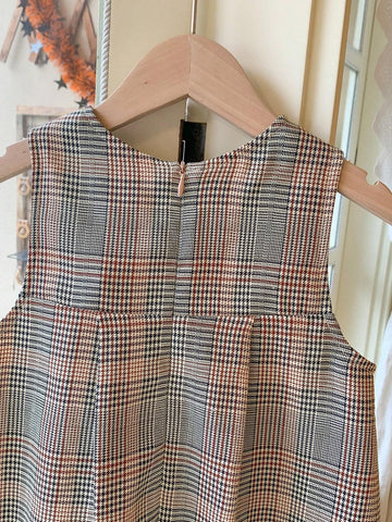 Blossori Young Girls French Elegant Brown Plaid Bow Decor Woven Loose Dress, For Autumn/Winter
