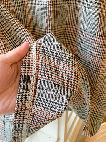 Blossori Young Girls French Elegant Brown Plaid Bow Decor Woven Loose Dress, For Autumn/Winter