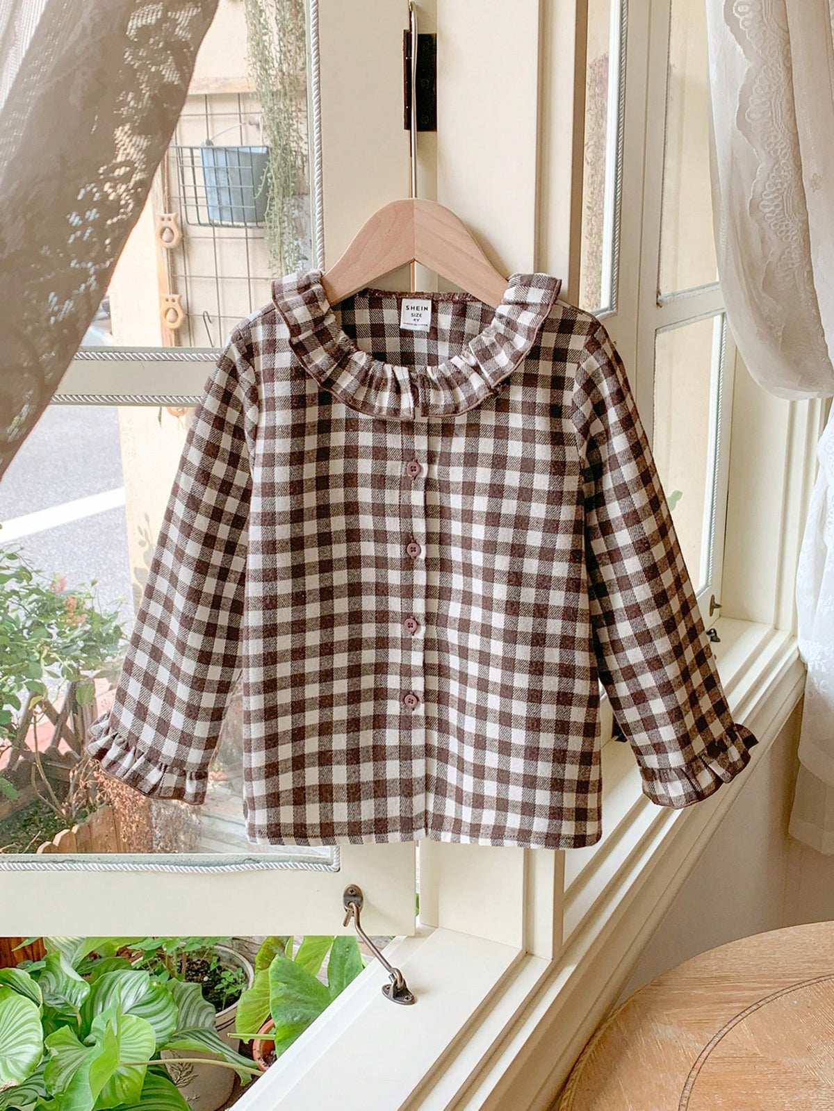 Blossori Young Girls French Elegant Brown Plaid Woven Fitted Front Button Ruffle Collar Blouse, Autumn/Winter