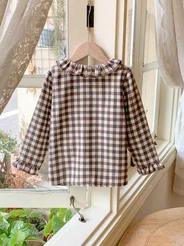 Blossori Young Girls French Elegant Brown Plaid Woven Fitted Front Button Ruffle Collar Blouse, Autumn/Winter