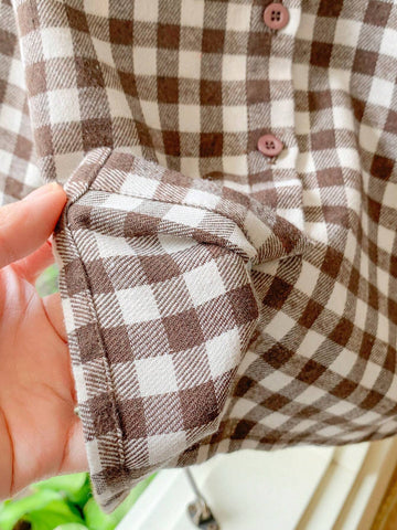 Blossori Young Girls French Elegant Brown Plaid Woven Fitted Front Button Ruffle Collar Blouse, Autumn/Winter