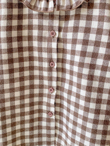 Blossori Young Girls French Elegant Brown Plaid Woven Fitted Front Button Ruffle Collar Blouse, Autumn/Winter