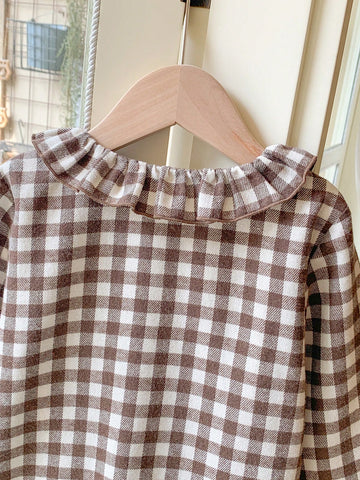Blossori Young Girls French Elegant Brown Plaid Woven Fitted Front Button Ruffle Collar Blouse, Autumn/Winter